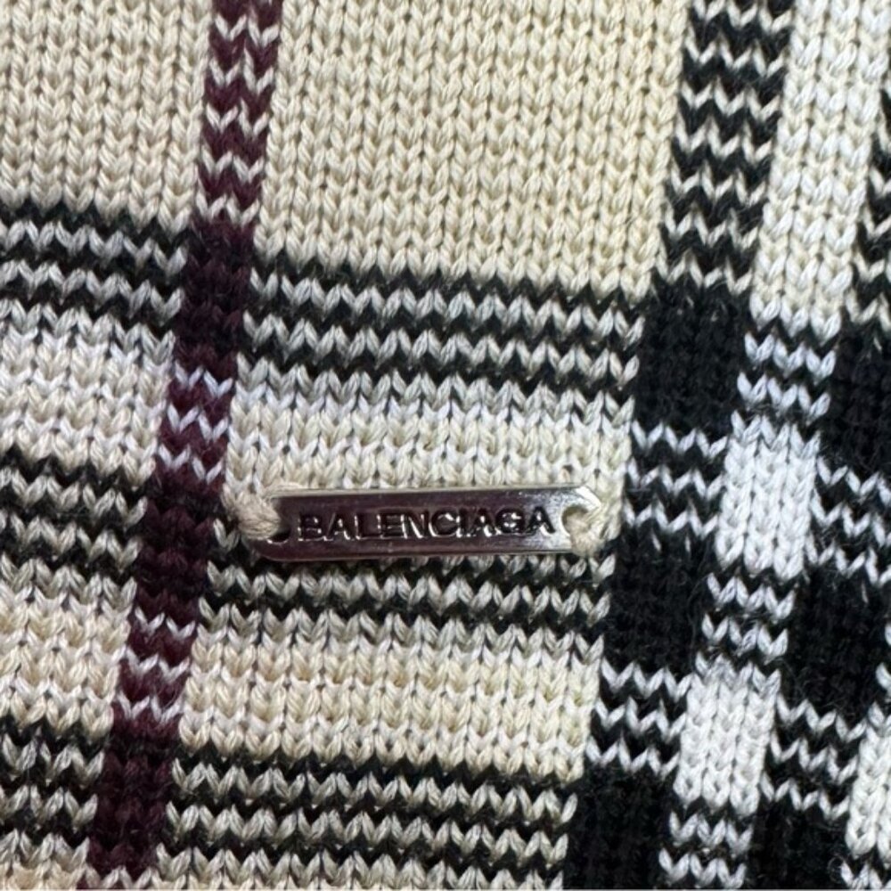 BALENCIAGA Nova‎ Check Zip Cardigan Knit Jacket Sweater Logo Neutral Tan Wool S - Picture 8 of 16